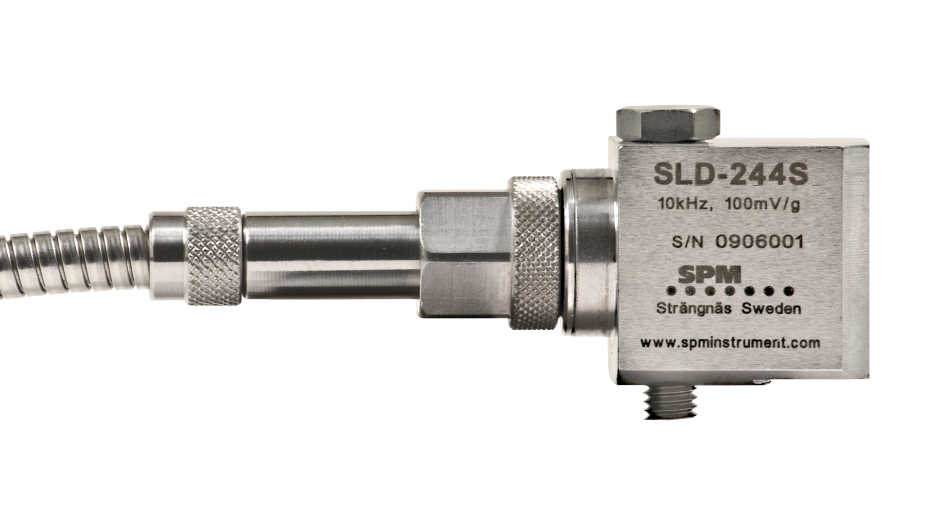 Angled vibration transducer with integrated cable