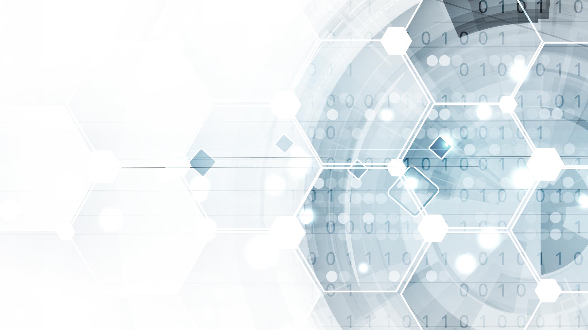 Data in the form of ones and zeros on a hexagon pattern in blue, black and white